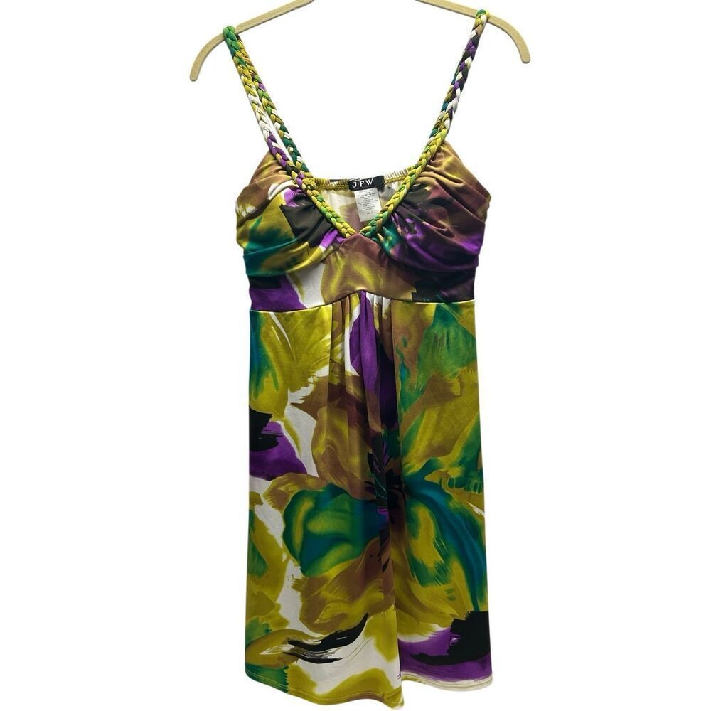 JFW Floral Tropical Mini Dress Braided Straps Empire Waist Multicolor Size M NWT